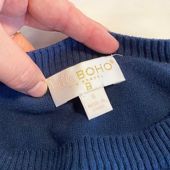 Adorable Grandma Sweater with Crocheted Sleeves Navy, Teal and Green - Picture 5 of 7